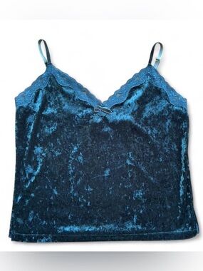 Dark Boho Coquette Blue Velvet Lace Trim Camisole
